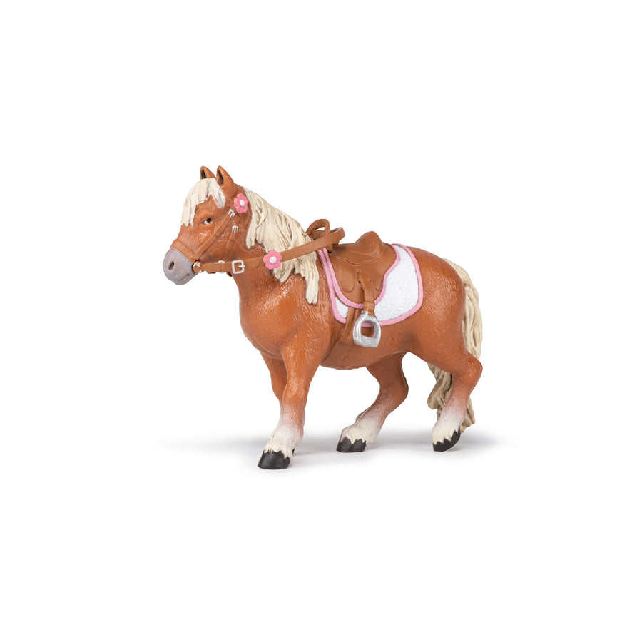 Figurine Poney Shetland avec selle Papo en PVC, Collection chevaux, jouet éducatif idéal pour enfants et collectionneurs